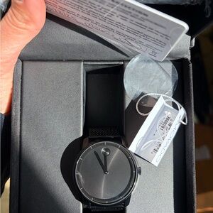 Movado Silver and Black Watch with Mesh Strap